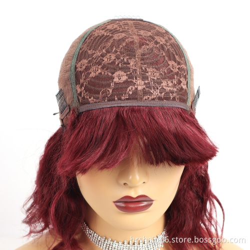 Brazilian Natural Wave Full Machine Made Wig With Bangs No Lace Front Human Hair Wigs 1b/99j Red Wine Color